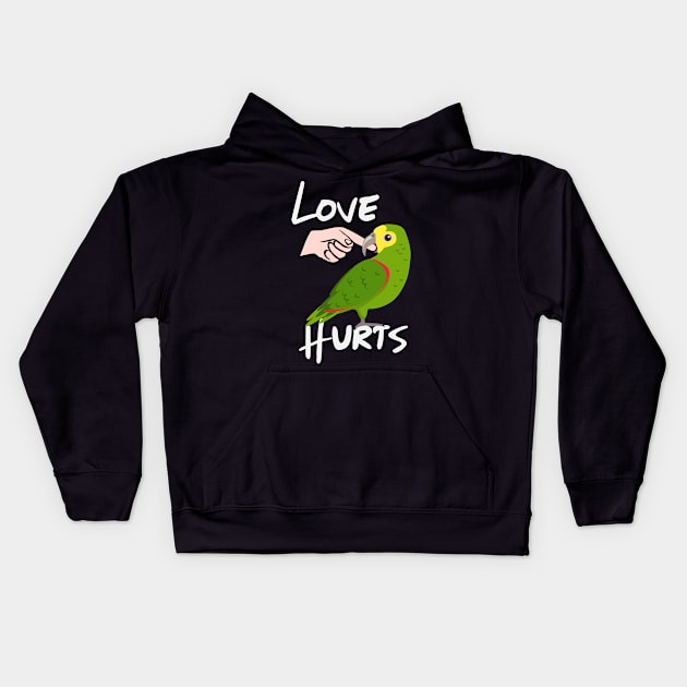 Love Hurts Yellow Headed Amazon Parrot Biting Finger Kids Hoodie by Einstein Parrot